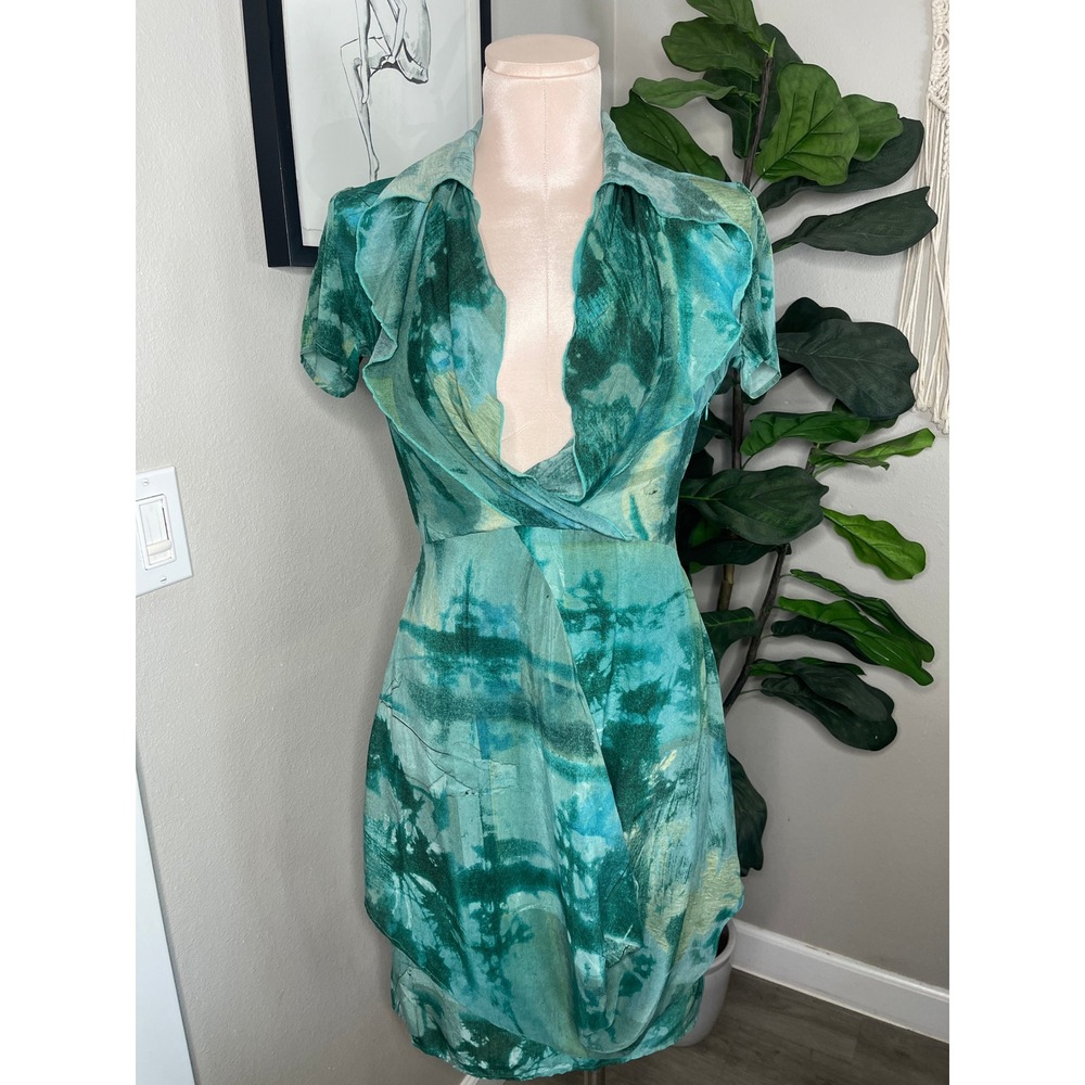 Diesel Black Gold 100% Silk Dress Green Blue Y2K Vintage Ruffle Draped V-Neck